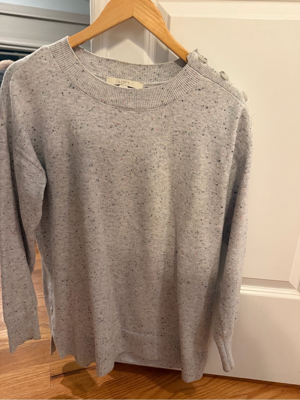 LOFT Light Gray Speckled Crewneck Sweater with Shoulder Buttons